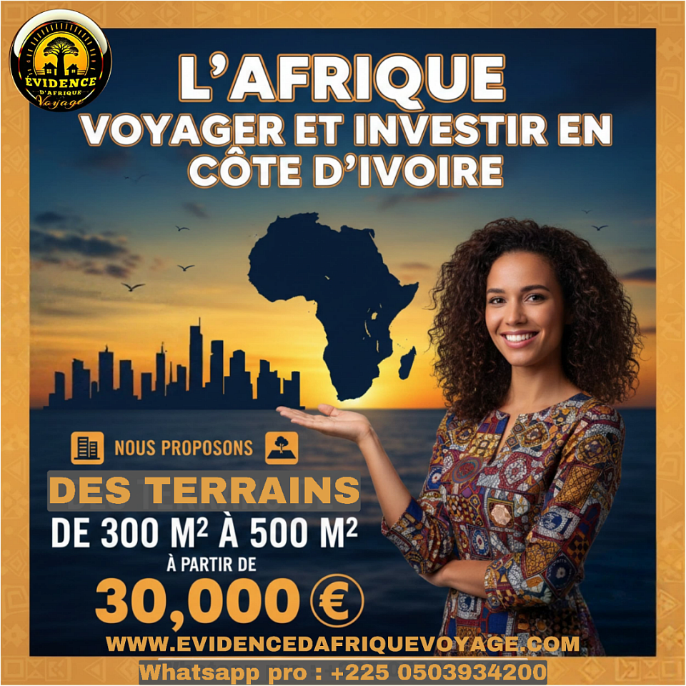 Découvrez l'Afrique sous un nouveau jour avec Evidencedafriquevoyage.com ! Vous rêvez de retourner en Afrique, de voyager et d'investir en Côte d'Ivoire ? Nous sommes là pour vous accompagner à chaque étape de votre projet. Que ce soit pour l'acquisition foncière, l'immobilier, une usine de transformation, l'agriculture ou tout autre projet, nos conseils d'experts vous guident. Avant d'investir, il est essentiel de visiter le pays et de vous acclimater. Nos formules de voyage privatisées sont conçues pour vous permettre de découvrir la Côte d'Ivoire, d'apprendre ses codes et de vous immerger dans sa culture. Avec Evidencedafriquevoyage.com, votre retour en Afrique est une réalité. Visitez, apprenez, investissez !